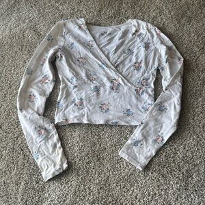 Hollister White Floral Baby Tee with Pink & Blue Blooms